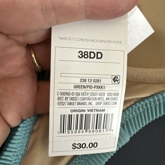 Shade & Shore Women's 38DD Padded Tie Shoulder Plunge Rib Swim Top Green - Picture 14 of 15